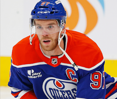 Connor McDavid, Edmonton Oilers center, skates during warmup